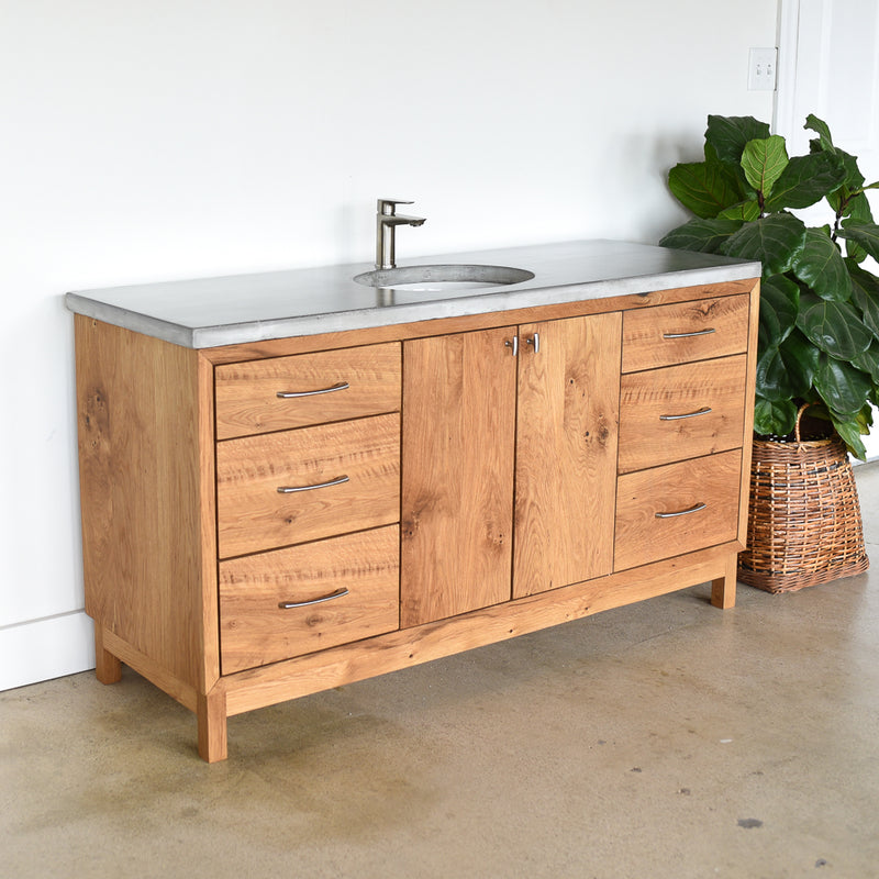 60&quot; Modern Wood Vanity / Single Sink in Reclaimed Oak / Clear - Featured with our &lt;a href=&quot;https://wwmake.com/products/concrete-vanity-top-oval-undermount-sink&quot;&gt; Concrete Vanity Top / Single Oval Undermount Sink &lt;/a&gt; in Natural Gray