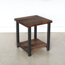 Metal and wood side table pictured in Reclaimed Oak / Walnut &amp; Blackened Metal